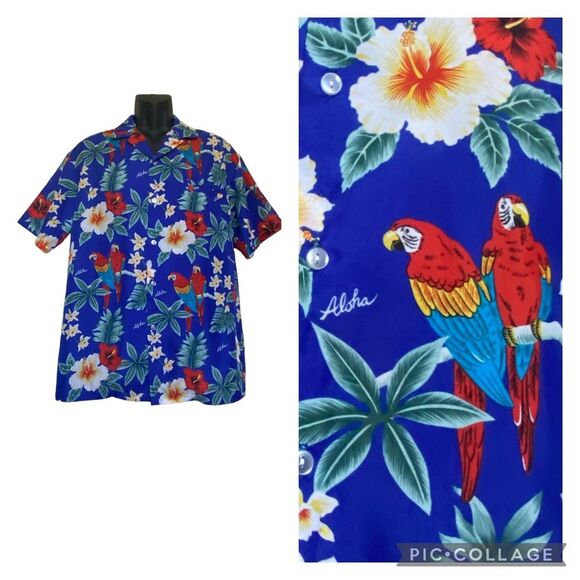 Vintage Kalena Fashions of Hawaii Tropical Parrot Print Hawaiian Shirt Blue Sz L - Picture 1 of 7
